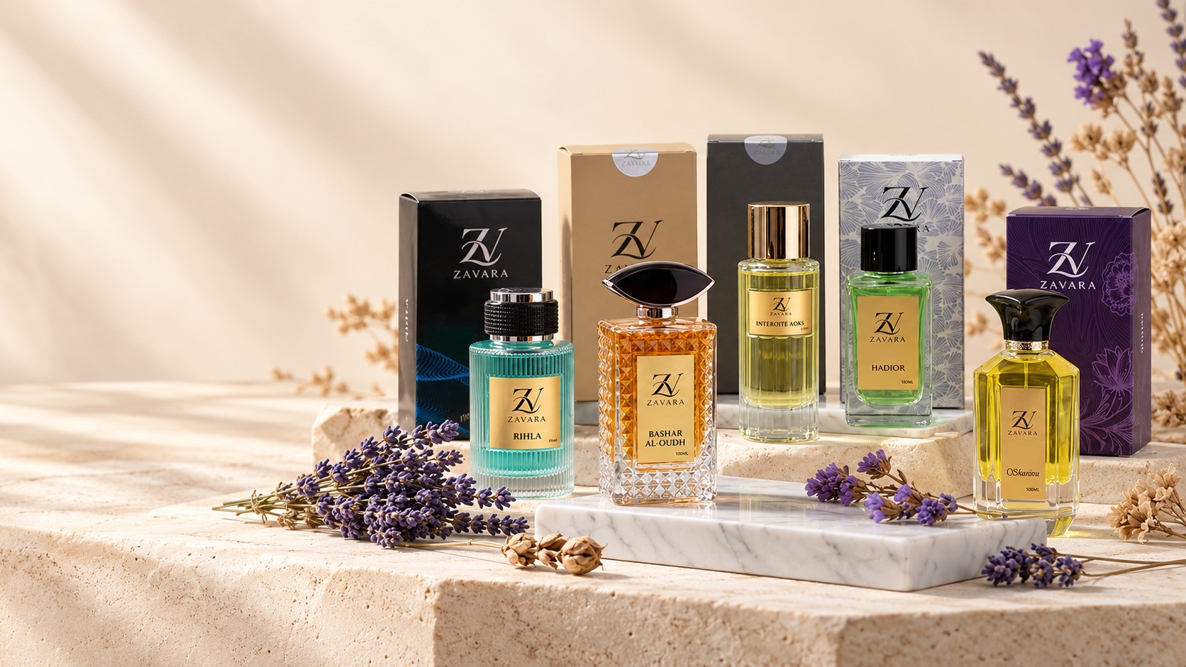 The five Zavara perfumes with their boxes on a stone display
