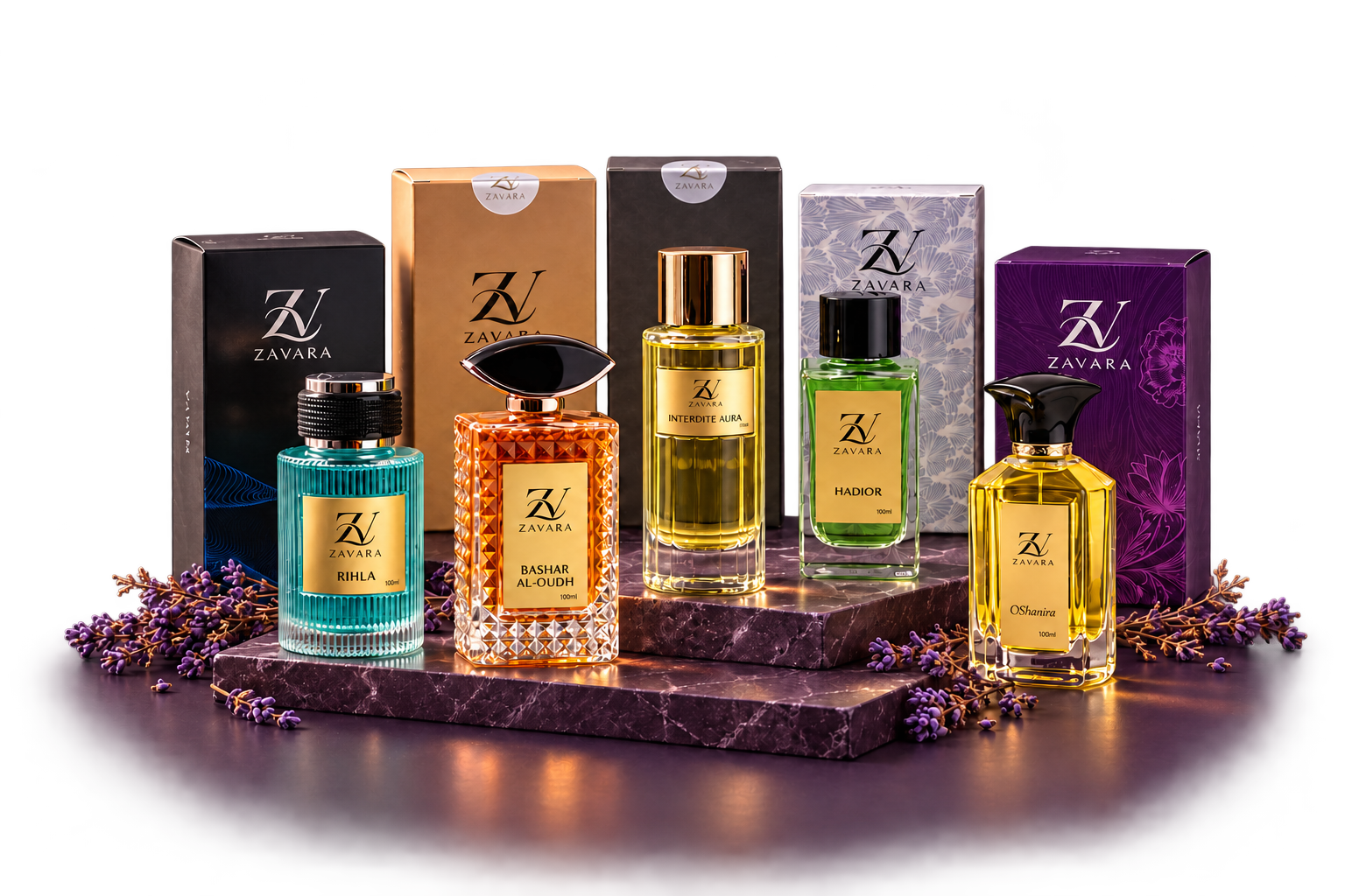 Five Zavara perfumes on dark plum stone with warm light catching the glass and gold labels